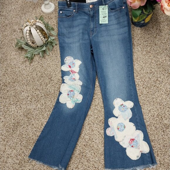 Handmade Denim - 3787 Size 14 Upcycled High Waist Cato Appliqued with Quilted Flowers.